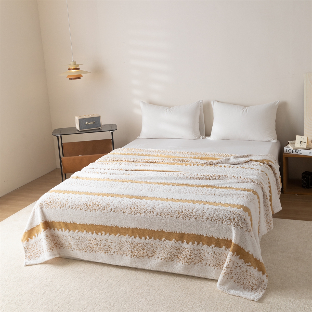 91家纺网 家纺一手货源 找家纺 梵心家纺 2025新款阳离子双色提花毛毯清新条纹风简约时尚毯子毛毯-可供跨境电商 阳离子-咖