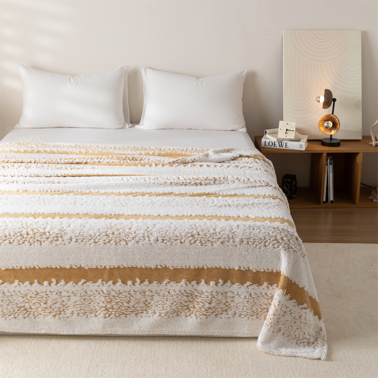 91家纺网 家纺一手货源 找家纺 梵心家纺 2025新款阳离子双色提花毛毯清新条纹风简约时尚毯子毛毯-可供跨境电商 阳离子-咖