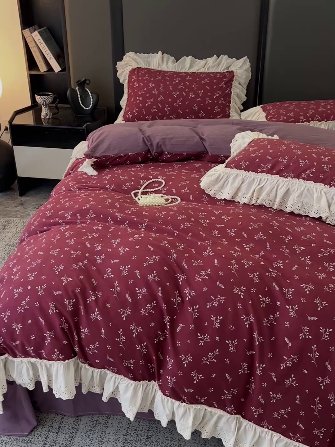 91家纺网 家纺一手货源 找家纺 亨通家纺 2025新款原麻镂空宽花边四件套-花卉系列 绯色花蔓