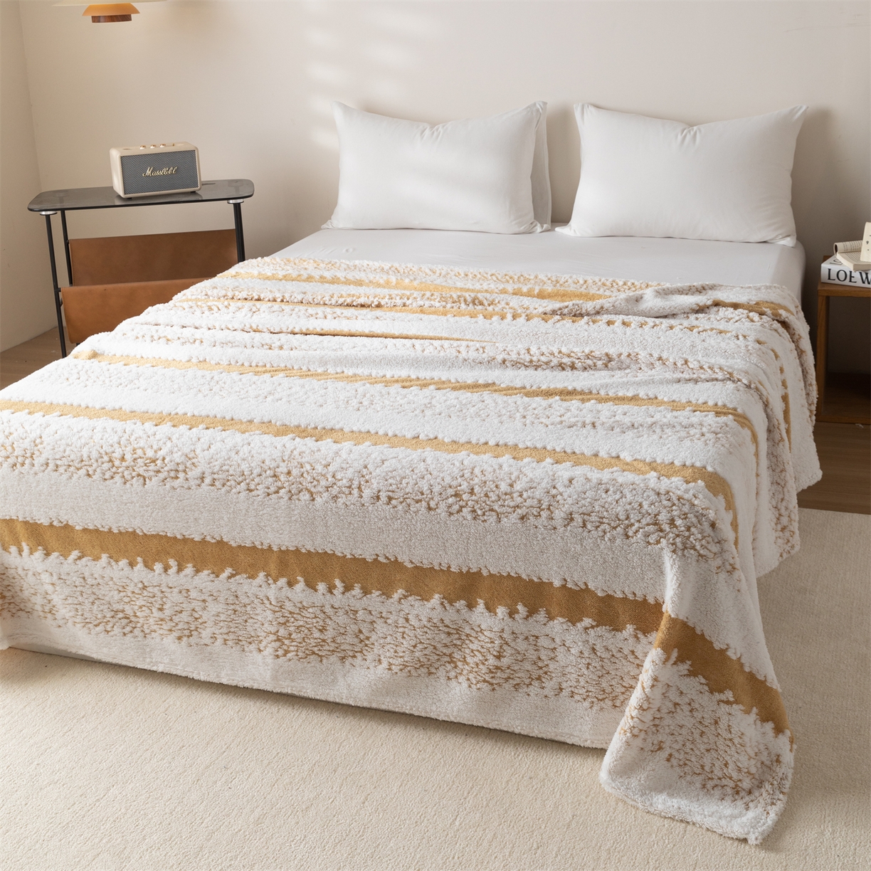 91家纺网 家纺一手货源 找家纺 梵心家纺 2025新款阳离子双色提花毛毯清新条纹风简约时尚毯子毛毯-可供跨境电商 阳离子-咖