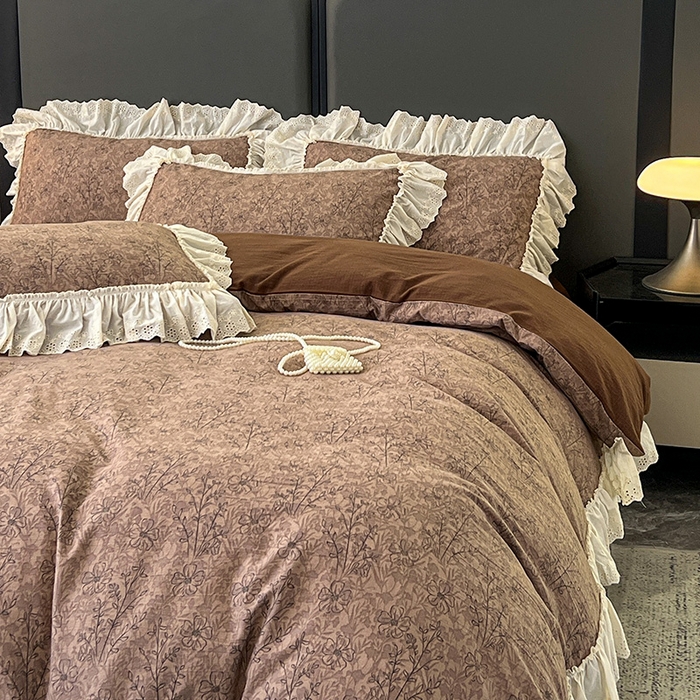 91家纺网 家纺一手货源 找家纺 亨通家纺 2025新款原麻镂空宽花边四件套-花卉系列 复古棕花