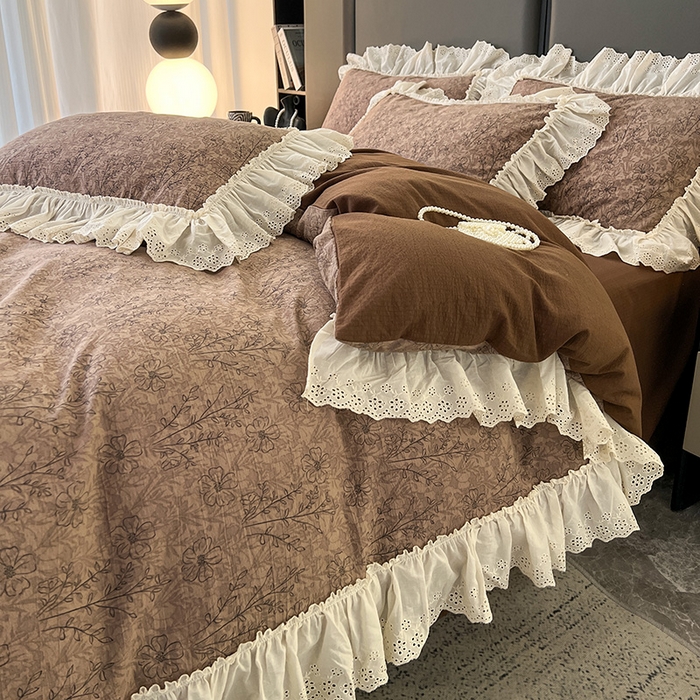 91家纺网 家纺一手货源 找家纺 亨通家纺 2025新款原麻镂空宽花边四件套-花卉系列 复古棕花