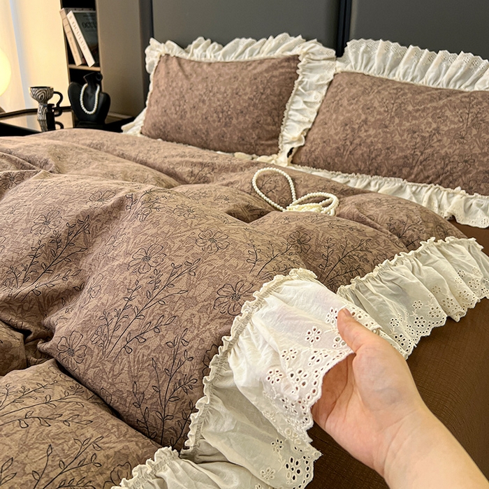 91家纺网 家纺一手货源 找家纺 亨通家纺 2025新款原麻镂空宽花边四件套-花卉系列 复古棕花