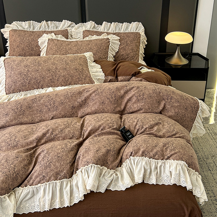 91家纺网 家纺一手货源 找家纺 亨通家纺 2025新款原麻镂空宽花边四件套-花卉系列 复古棕花