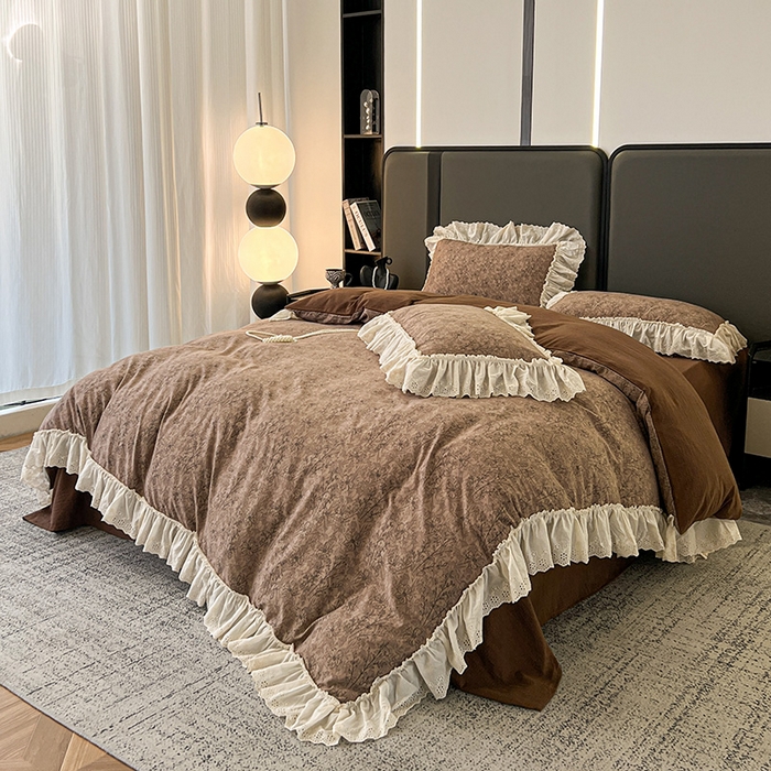 91家纺网 家纺一手货源 找家纺 亨通家纺 2025新款原麻镂空宽花边四件套-花卉系列 复古棕花