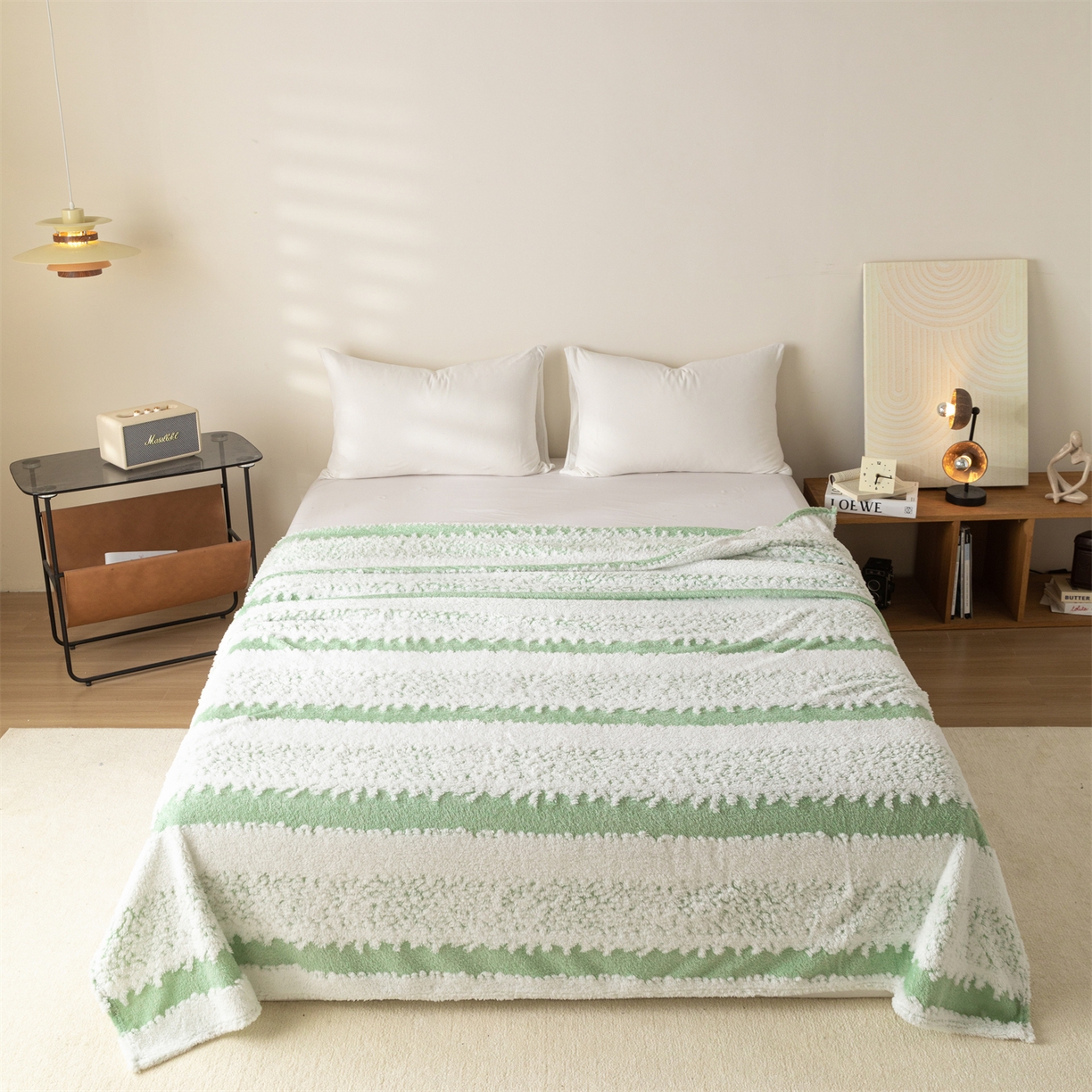 91家纺网 家纺一手货源 找家纺 梵心家纺 2025新款阳离子双色提花毛毯清新条纹风简约时尚毯子毛毯-可供跨境电商 阳离子-绿
