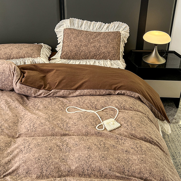 91家纺网 家纺一手货源 找家纺 亨通家纺 2025新款原麻镂空宽花边四件套-花卉系列 复古棕花