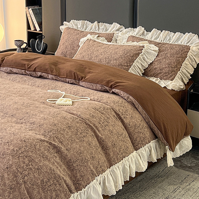 91家纺网 家纺一手货源 找家纺 亨通家纺 2025新款原麻镂空宽花边四件套-花卉系列 复古棕花