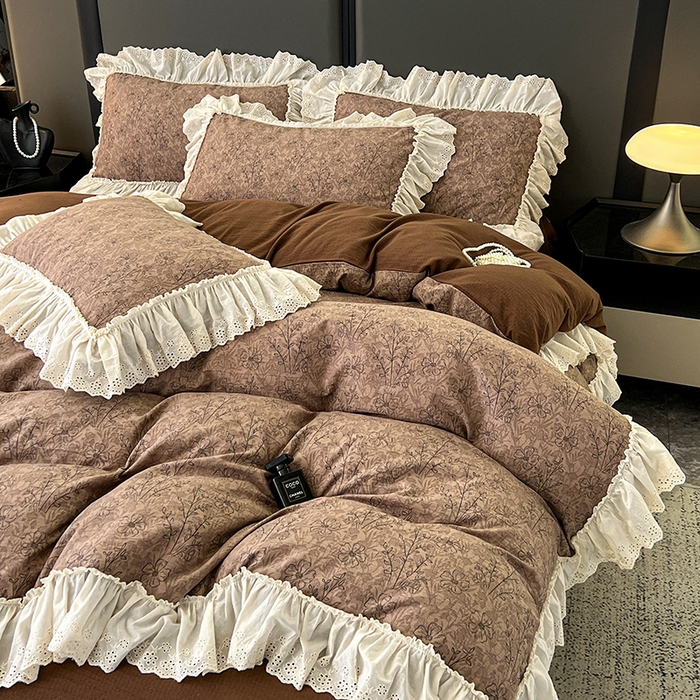 91家纺网 家纺一手货源 找家纺 亨通家纺 2025新款原麻镂空宽花边四件套-花卉系列 复古棕花