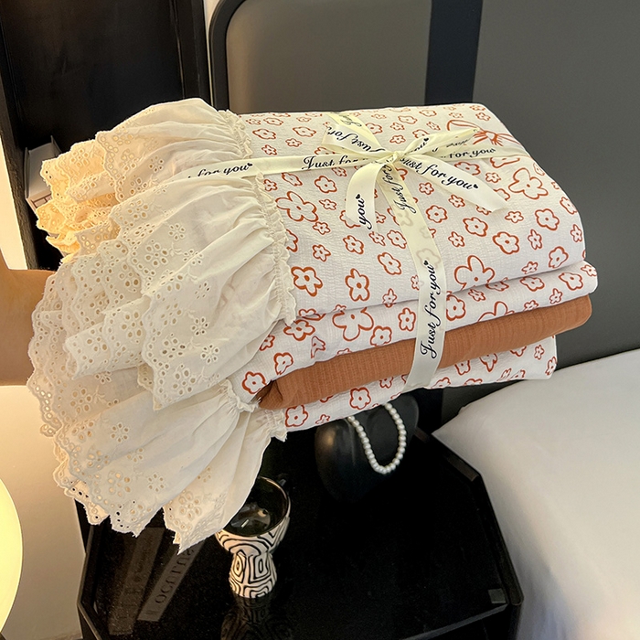 91家纺网 家纺一手货源 找家纺 亨通家纺 2025新款原麻镂空宽花边四件套-花卉系列 蝴蝶结花-橘