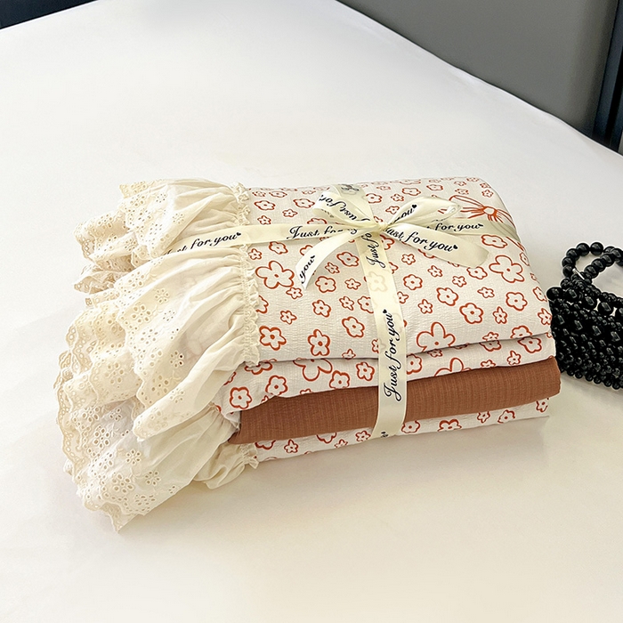 91家纺网 家纺一手货源 找家纺 亨通家纺 2025新款原麻镂空宽花边四件套-花卉系列 蝴蝶结花-橘