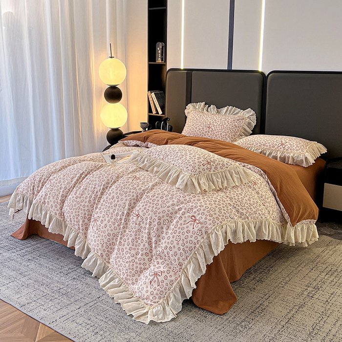 91家纺网 家纺一手货源 找家纺 亨通家纺 2025新款原麻镂空宽花边四件套-花卉系列 蝴蝶结花-橘