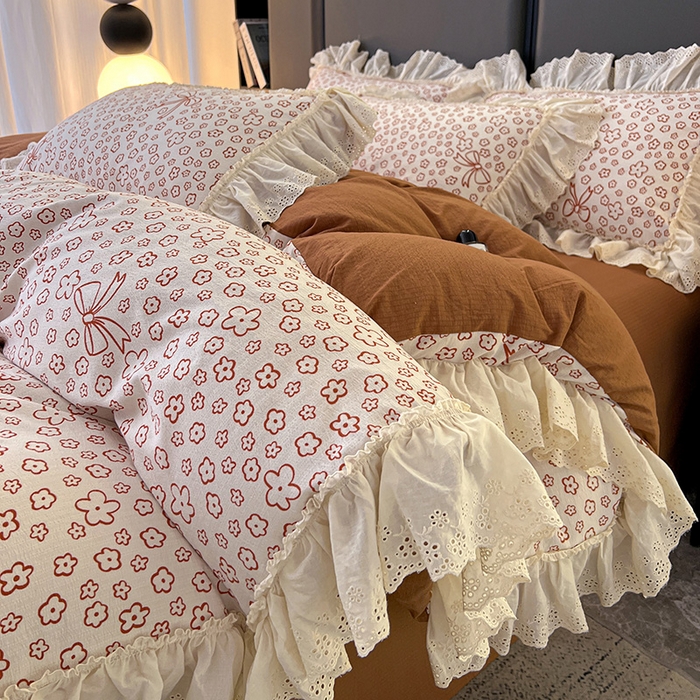 91家纺网 家纺一手货源 找家纺 亨通家纺 2025新款原麻镂空宽花边四件套-花卉系列 蝴蝶结花-橘