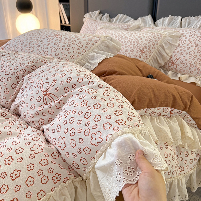 91家纺网 家纺一手货源 找家纺 亨通家纺 2025新款原麻镂空宽花边四件套-花卉系列 蝴蝶结花-橘