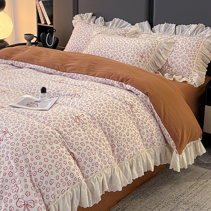 91家纺网 家纺一手货源 找家纺 亨通家纺 2025新款原麻镂空宽花边四件套-花卉系列 蝴蝶结花-橘