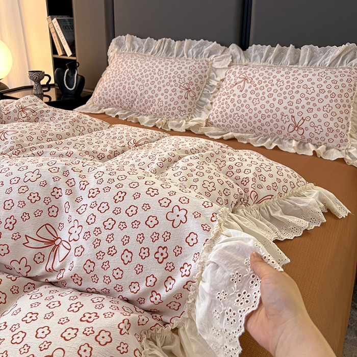 91家纺网 家纺一手货源 找家纺 亨通家纺 2025新款原麻镂空宽花边四件套-花卉系列 蝴蝶结花-橘