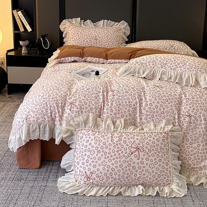 91家纺网 家纺一手货源 找家纺 亨通家纺 2025新款原麻镂空宽花边四件套-花卉系列 蝴蝶结花-橘