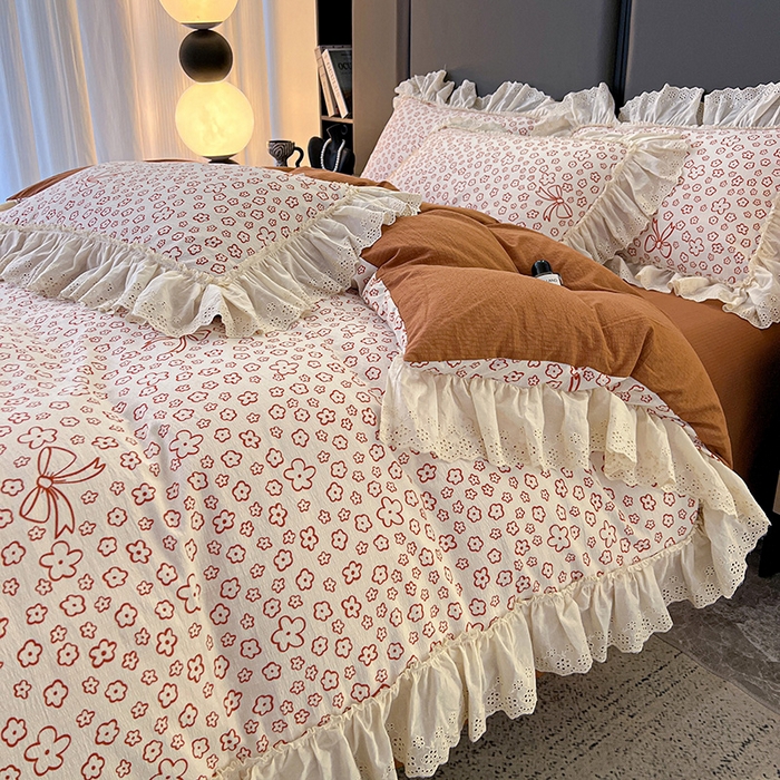 91家纺网 家纺一手货源 找家纺 亨通家纺 2025新款原麻镂空宽花边四件套-花卉系列 蝴蝶结花-橘