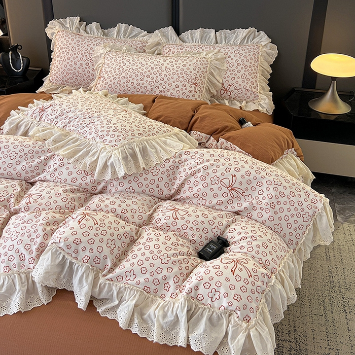 91家纺网 家纺一手货源 找家纺 亨通家纺 2025新款原麻镂空宽花边四件套-花卉系列 蝴蝶结花-橘