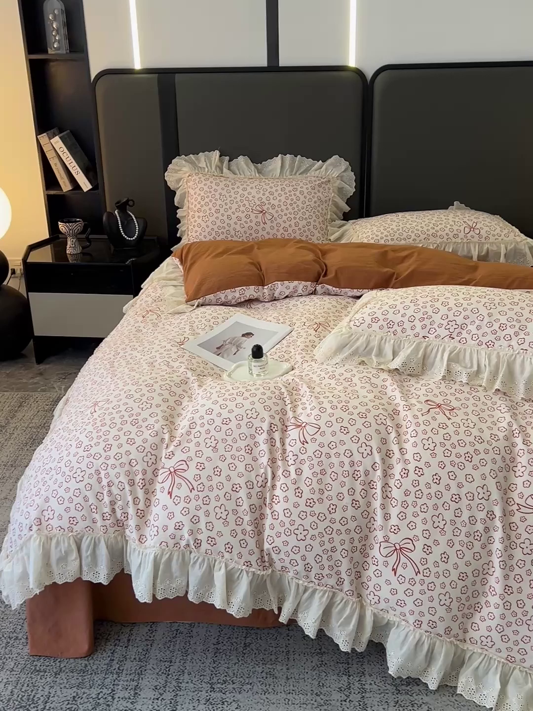 91家纺网 家纺一手货源 找家纺 亨通家纺 2025新款原麻镂空宽花边四件套-花卉系列 蝴蝶结花-橘