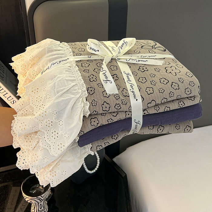 91家纺网 家纺一手货源 找家纺 亨通家纺 2025新款原麻镂空宽花边四件套-花卉系列 蝴蝶结花-蓝