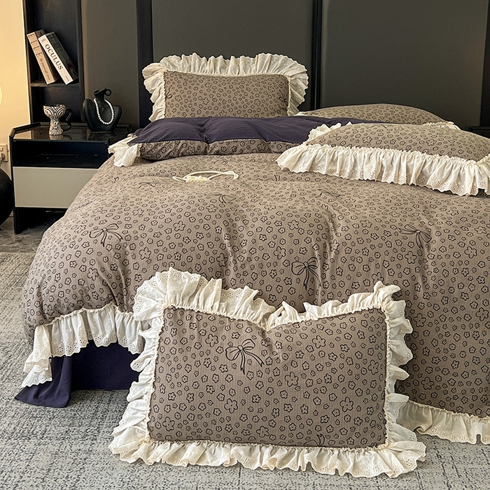 91家纺网 家纺一手货源 找家纺 亨通家纺 2025新款原麻镂空宽花边四件套-花卉系列 蝴蝶结花-蓝