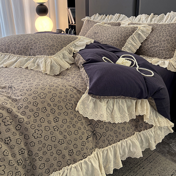 91家纺网 家纺一手货源 找家纺 亨通家纺 2025新款原麻镂空宽花边四件套-花卉系列 蝴蝶结花-蓝