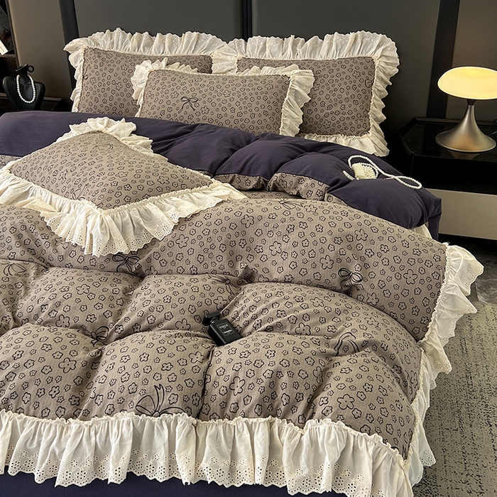 91家纺网 家纺一手货源 找家纺 亨通家纺 2025新款原麻镂空宽花边四件套-花卉系列 蝴蝶结花-蓝