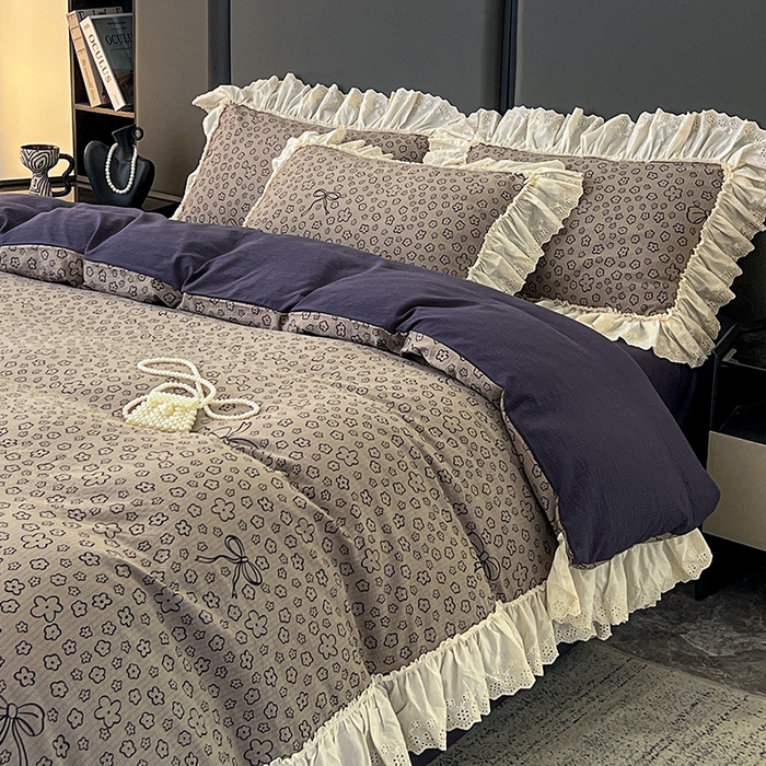 91家纺网 家纺一手货源 找家纺 亨通家纺 2025新款原麻镂空宽花边四件套-花卉系列 蝴蝶结花-蓝