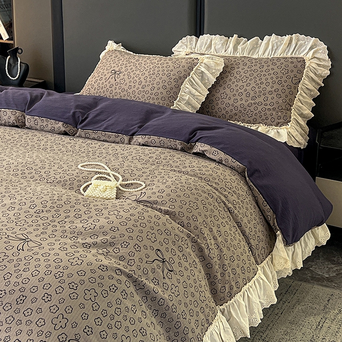 91家纺网 家纺一手货源 找家纺 亨通家纺 2025新款原麻镂空宽花边四件套-花卉系列 蝴蝶结花-蓝