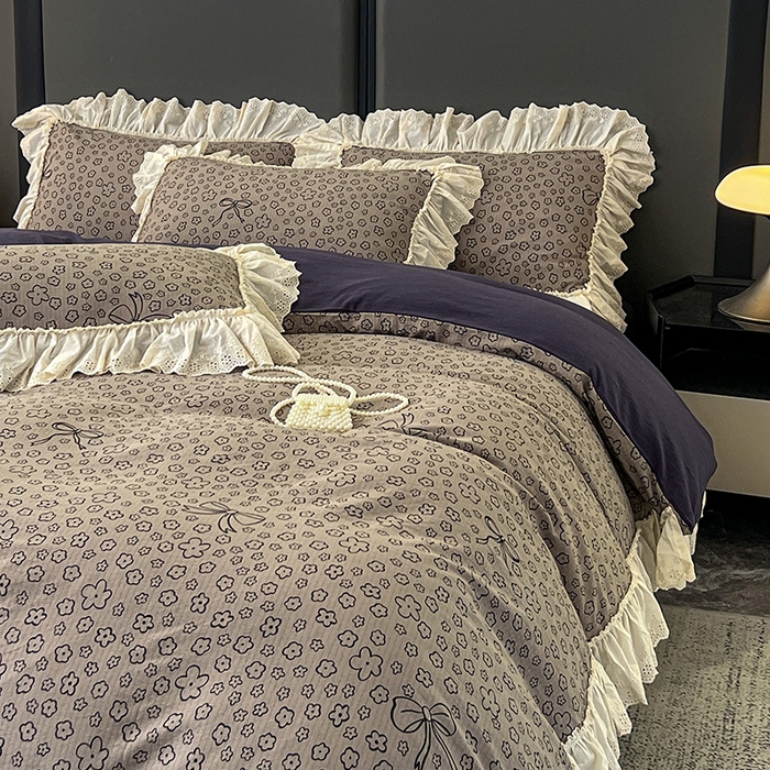 91家纺网 家纺一手货源 找家纺 亨通家纺 2025新款原麻镂空宽花边四件套-花卉系列 蝴蝶结花-蓝