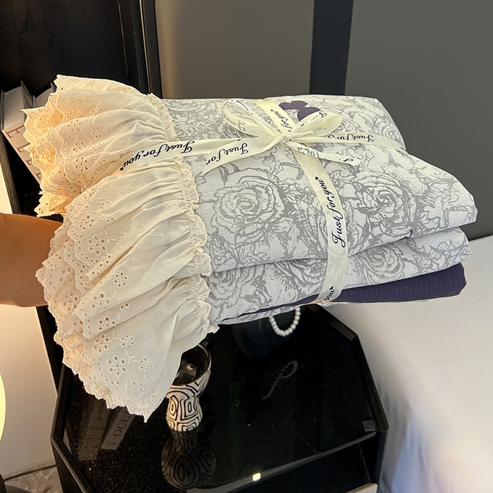 91家纺网 家纺一手货源 找家纺 亨通家纺 2025新款原麻镂空宽花边四件套-花卉系列 蝴蝶玫瑰