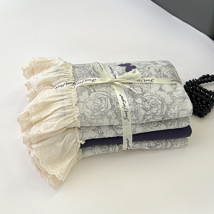 91家纺网 家纺一手货源 找家纺 亨通家纺 2025新款原麻镂空宽花边四件套-花卉系列 蝴蝶玫瑰