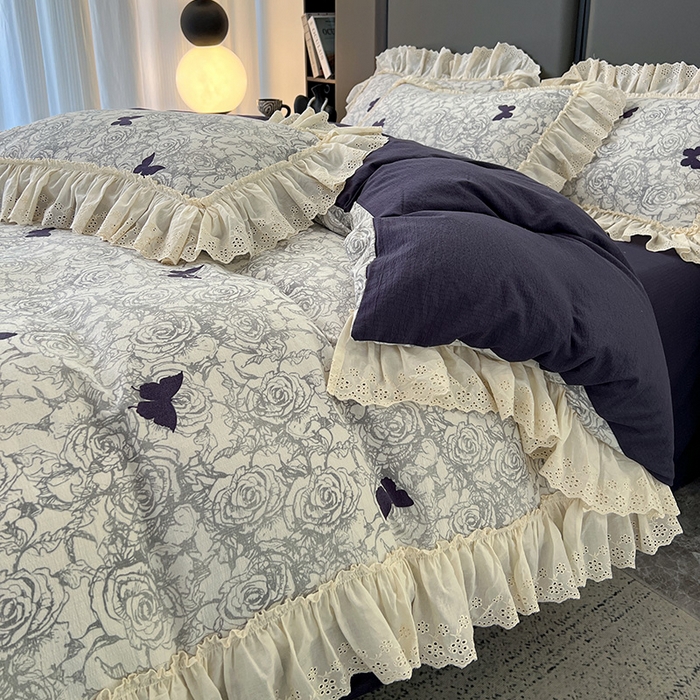 91家纺网 家纺一手货源 找家纺 亨通家纺 2025新款原麻镂空宽花边四件套-花卉系列 蝴蝶玫瑰