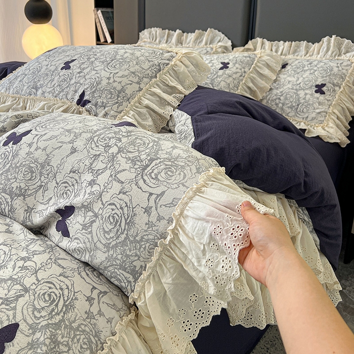 91家纺网 家纺一手货源 找家纺 亨通家纺 2025新款原麻镂空宽花边四件套-花卉系列 蝴蝶玫瑰