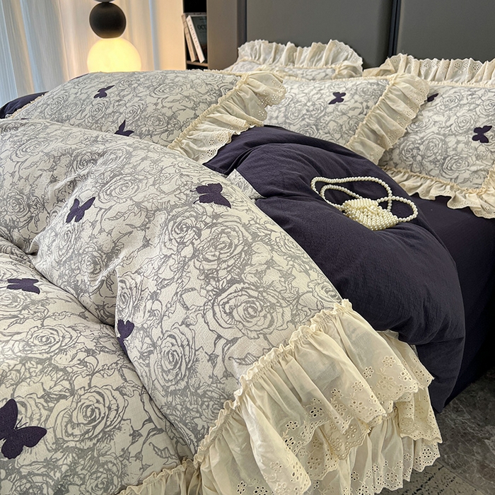 91家纺网 家纺一手货源 找家纺 亨通家纺 2025新款原麻镂空宽花边四件套-花卉系列 蝴蝶玫瑰