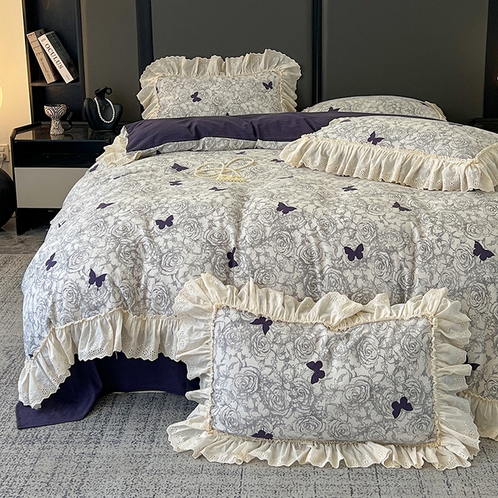 91家纺网 家纺一手货源 找家纺 亨通家纺 2025新款原麻镂空宽花边四件套-花卉系列 蝴蝶玫瑰