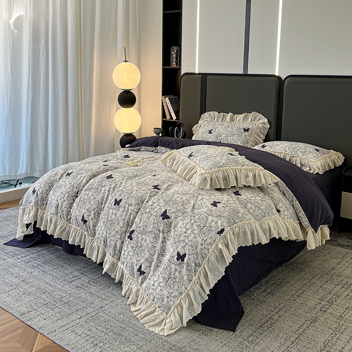 91家纺网 家纺一手货源 找家纺 亨通家纺 2025新款原麻镂空宽花边四件套-花卉系列 蝴蝶玫瑰