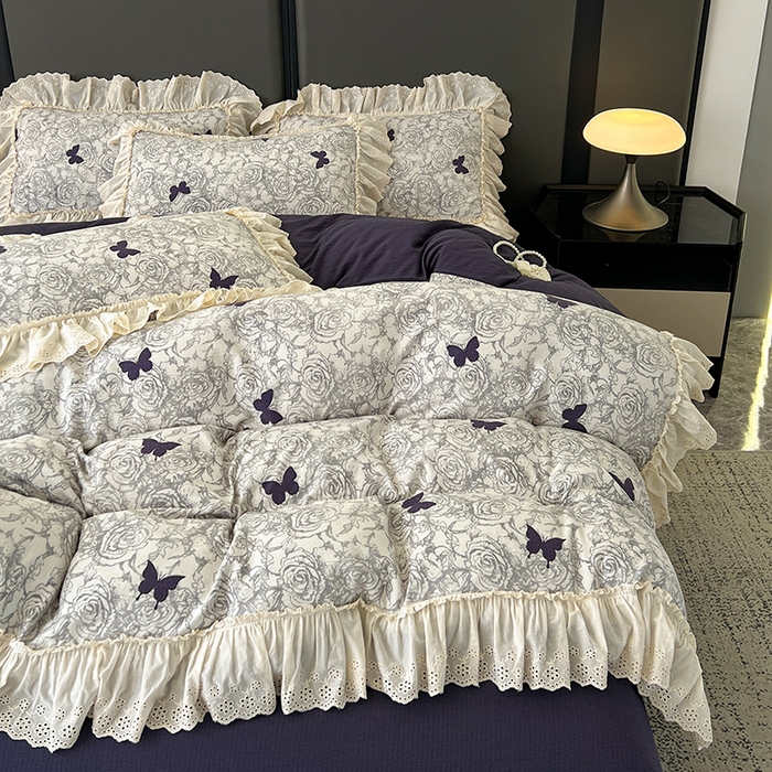 91家纺网 家纺一手货源 找家纺 亨通家纺 2025新款原麻镂空宽花边四件套-花卉系列 蝴蝶玫瑰