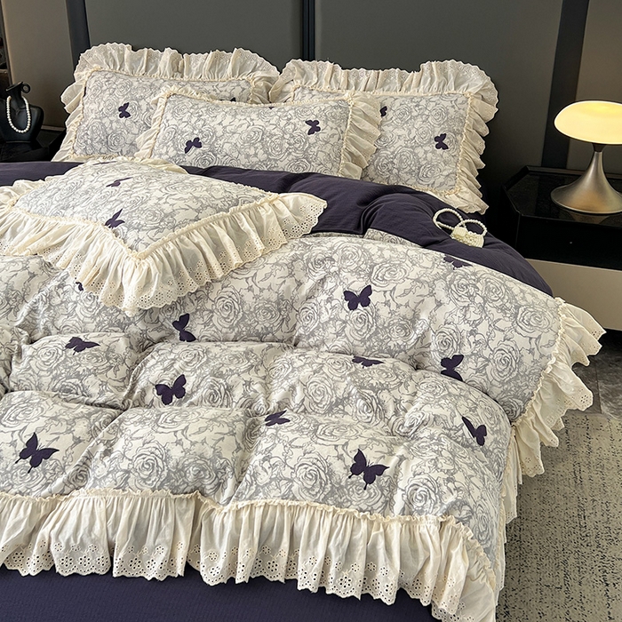 91家纺网 家纺一手货源 找家纺 亨通家纺 2025新款原麻镂空宽花边四件套-花卉系列 蝴蝶玫瑰