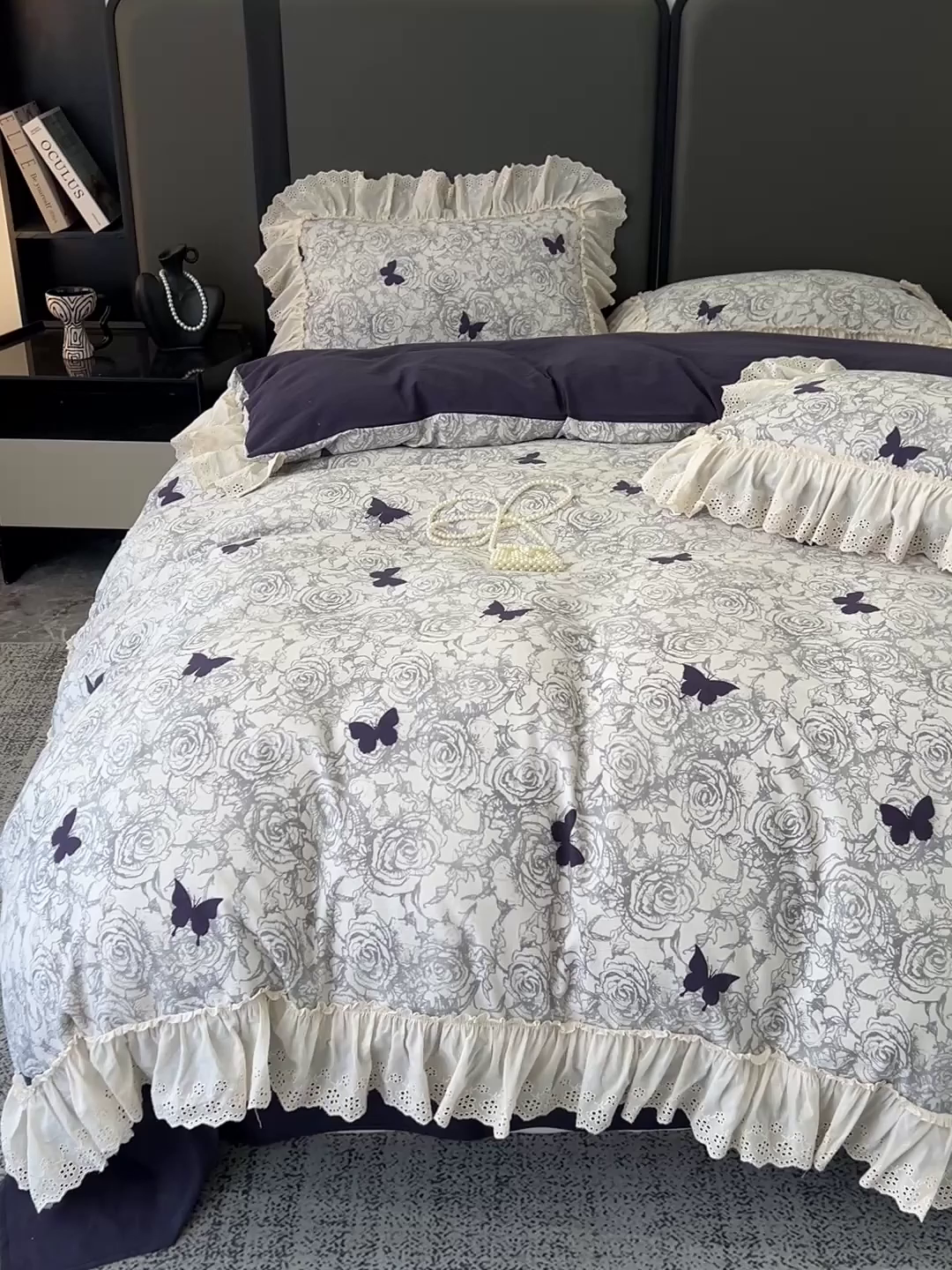 91家纺网 家纺一手货源 找家纺 亨通家纺 2025新款原麻镂空宽花边四件套-花卉系列 蝴蝶玫瑰