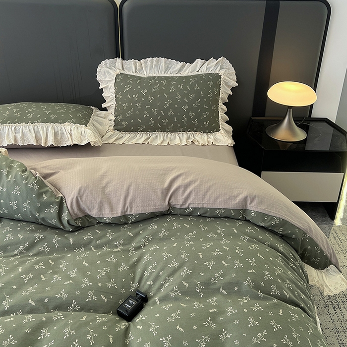 91家纺网 家纺一手货源 找家纺 亨通家纺 2025新款原麻镂空宽花边四件套-花卉系列 墨绿絮语