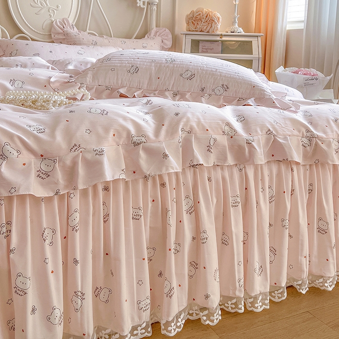 91家纺网 家纺一手货源 找家纺 网红馆2025新款针织印花单床裙 爱心小熊