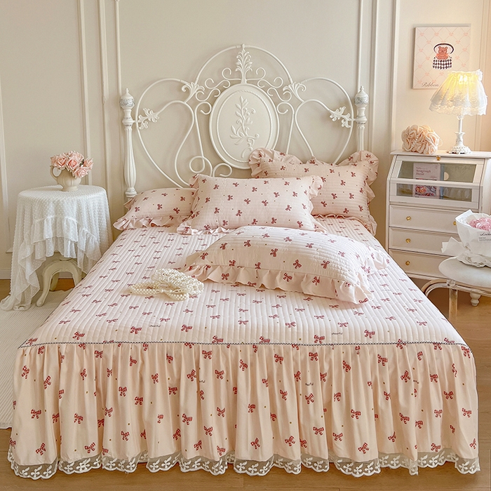 网红馆2025新款针织印花单床裙 格子蝴蝶结