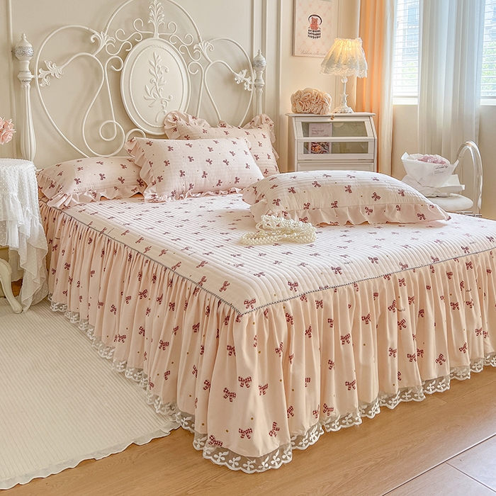 91家纺网 家纺一手货源 找家纺 网红馆2025新款针织印花单床裙 格子蝴蝶结