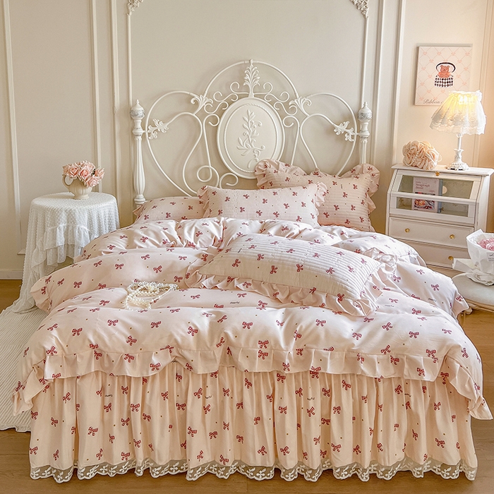 91家纺网 家纺一手货源 找家纺 网红馆2025新款针织印花单床裙 格子蝴蝶结