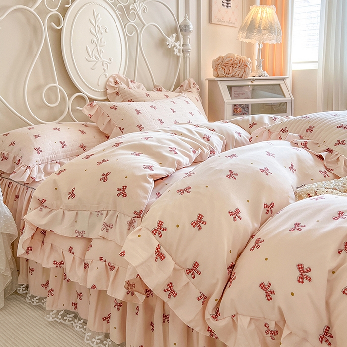 91家纺网 家纺一手货源 找家纺 网红馆2025新款针织印花单床裙 格子蝴蝶结