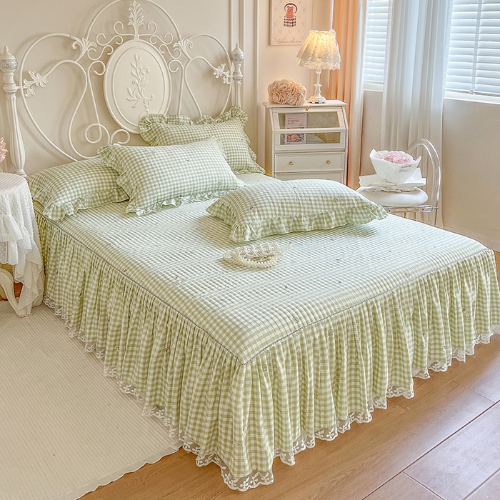 91家纺网 家纺一手货源 找家纺 网红馆2025新款针织印花单床裙 小绿格