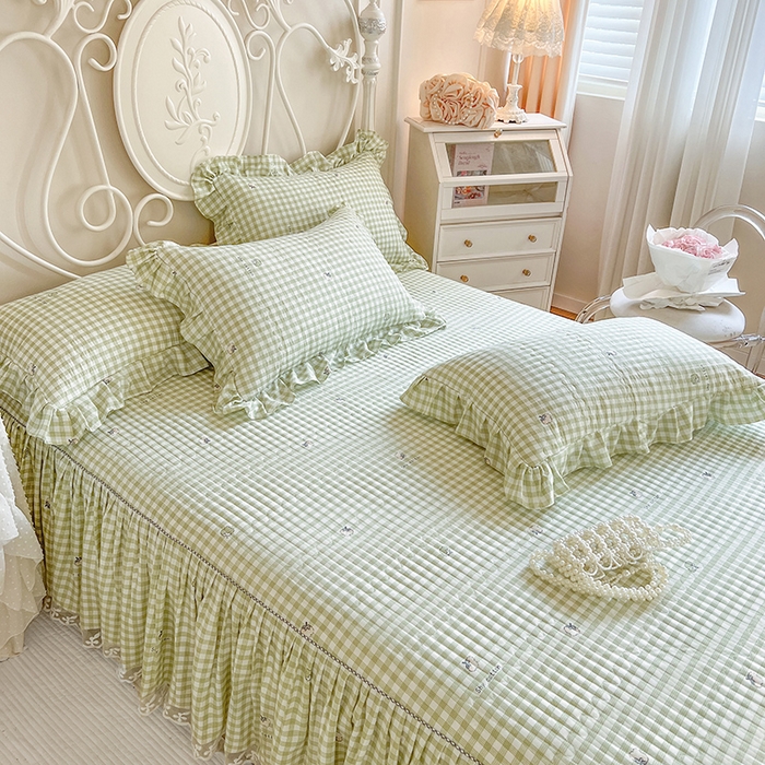 91家纺网 家纺一手货源 找家纺 网红馆2025新款针织印花单床裙 小绿格