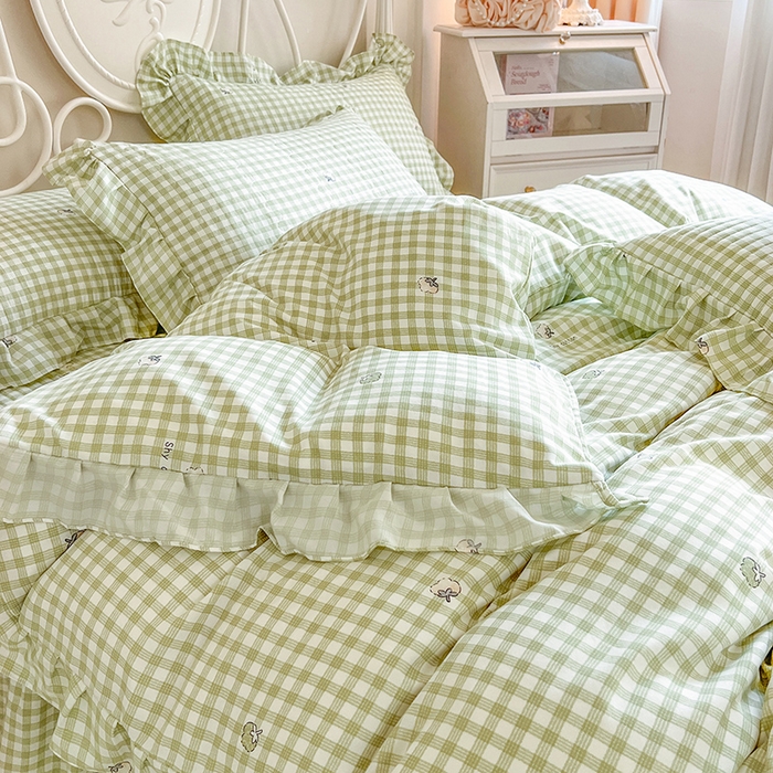 91家纺网 家纺一手货源 找家纺 网红馆2025新款针织印花单床裙 小绿格